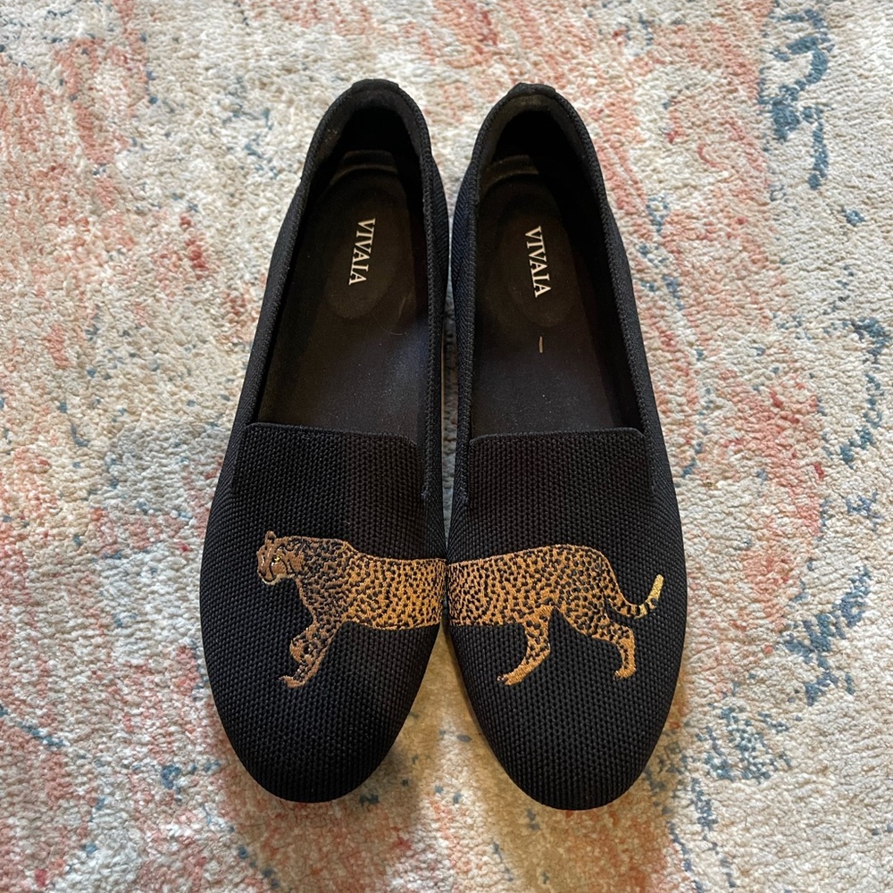 VIVAIA Black and Gold Leopard Loafers